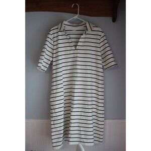 Lands End Womens Striped Polo Dress XL White & Navy Short Sleeve Cotton Casual E